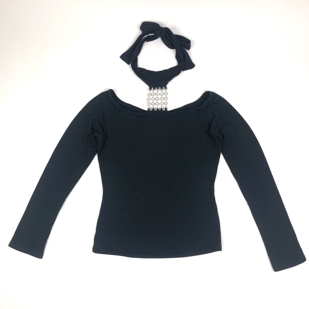 Marisa K Long Sleeve Crystal Tie Halter Top